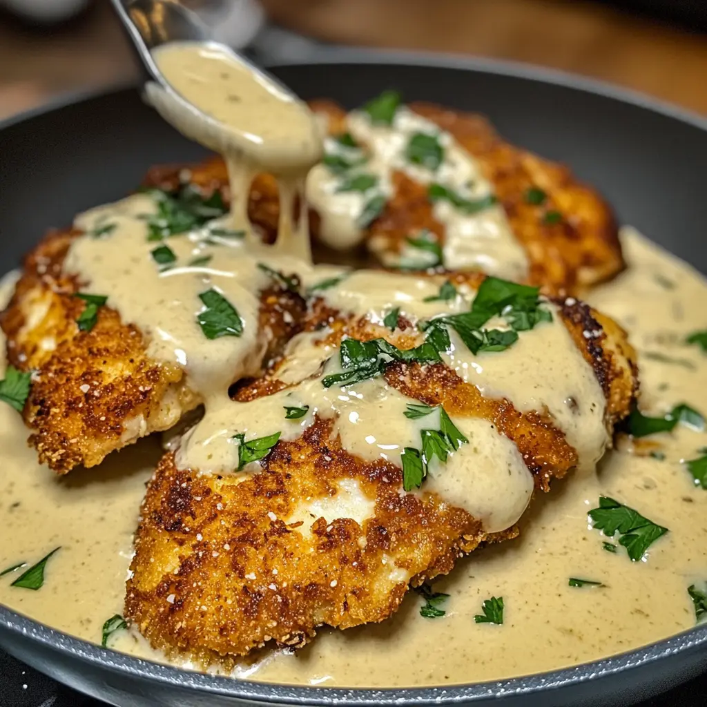 Crispy Parmesan Chicken with Garlic Cream Sauce