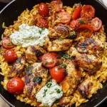 One Skillet Greek Chicken and Orzo with Tomatoes Feta and Tzatziki