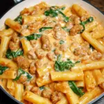 Creamy Sausage Rigatoni with Spinach, Garlic, and Tomato Cream Sauce