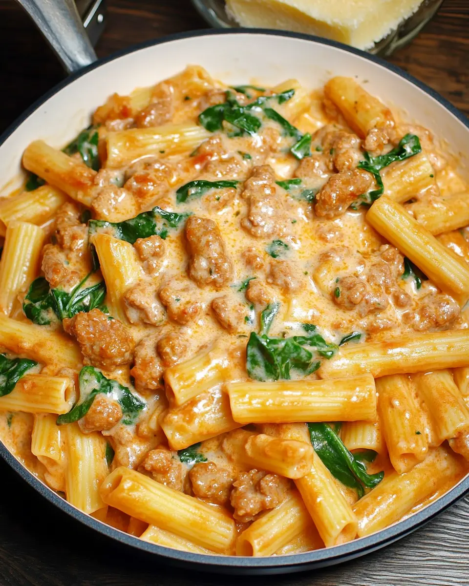 Creamy Sausage Rigatoni with Spinach, Garlic, and Tomato Cream Sauce