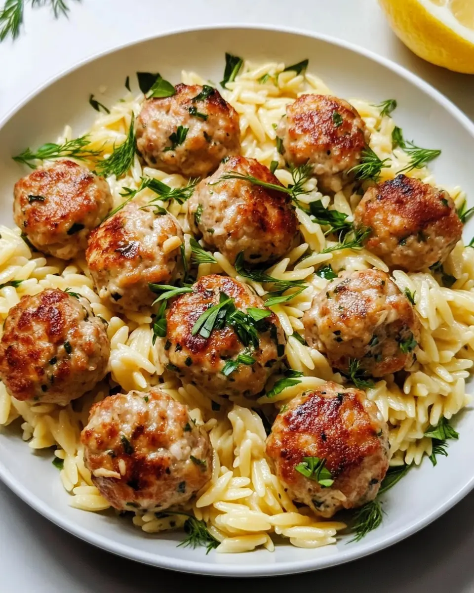 Greek Chicken Meatballs with Lemon Orzo