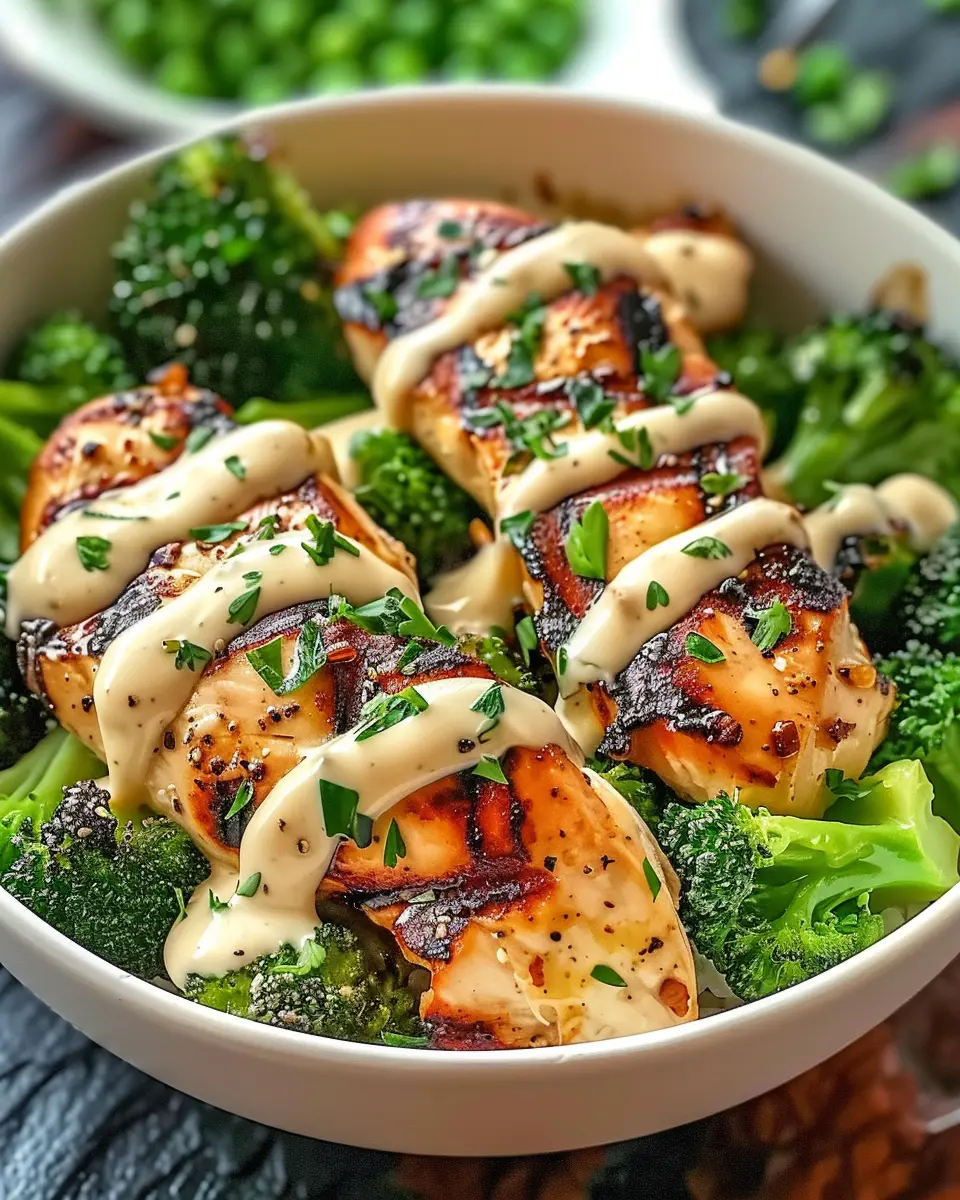 Grilled Chicken and Broccoli Bowls with Creamy Garlic Sauce