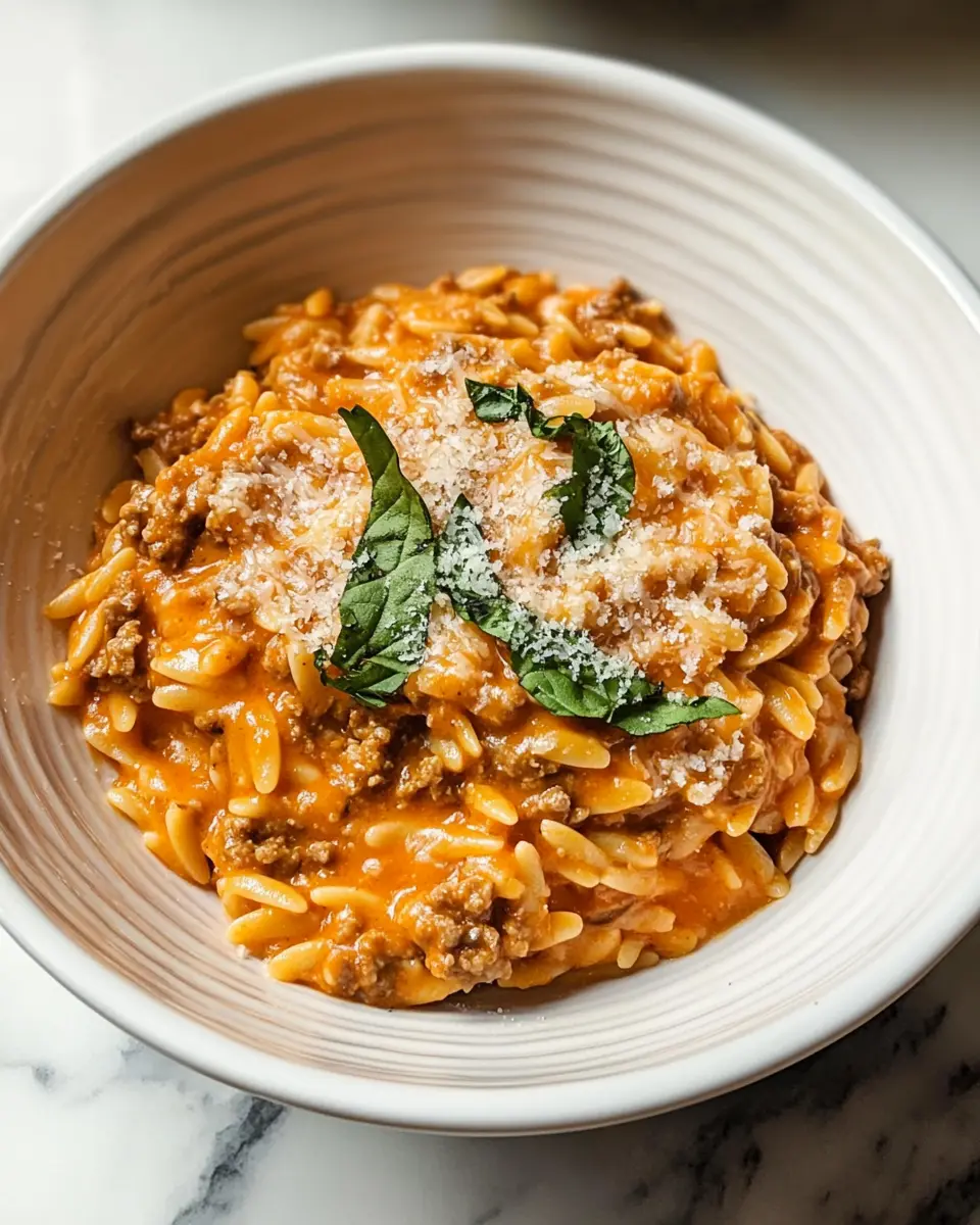 Ground Beef Orzo with Tomato Cream Sauce