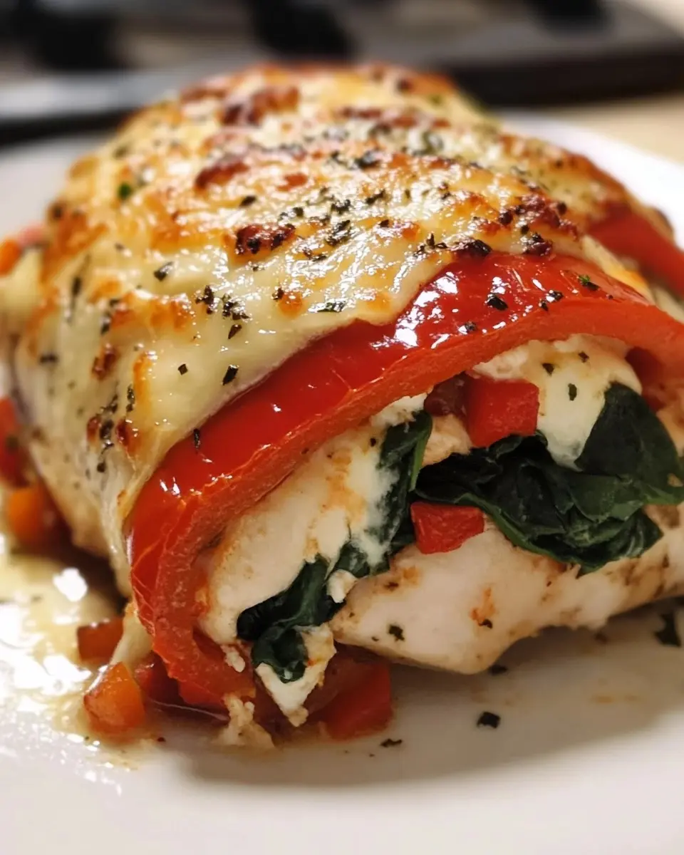 Roasted Red Pepper Spinach and Mozzarella Stuffed Chicken