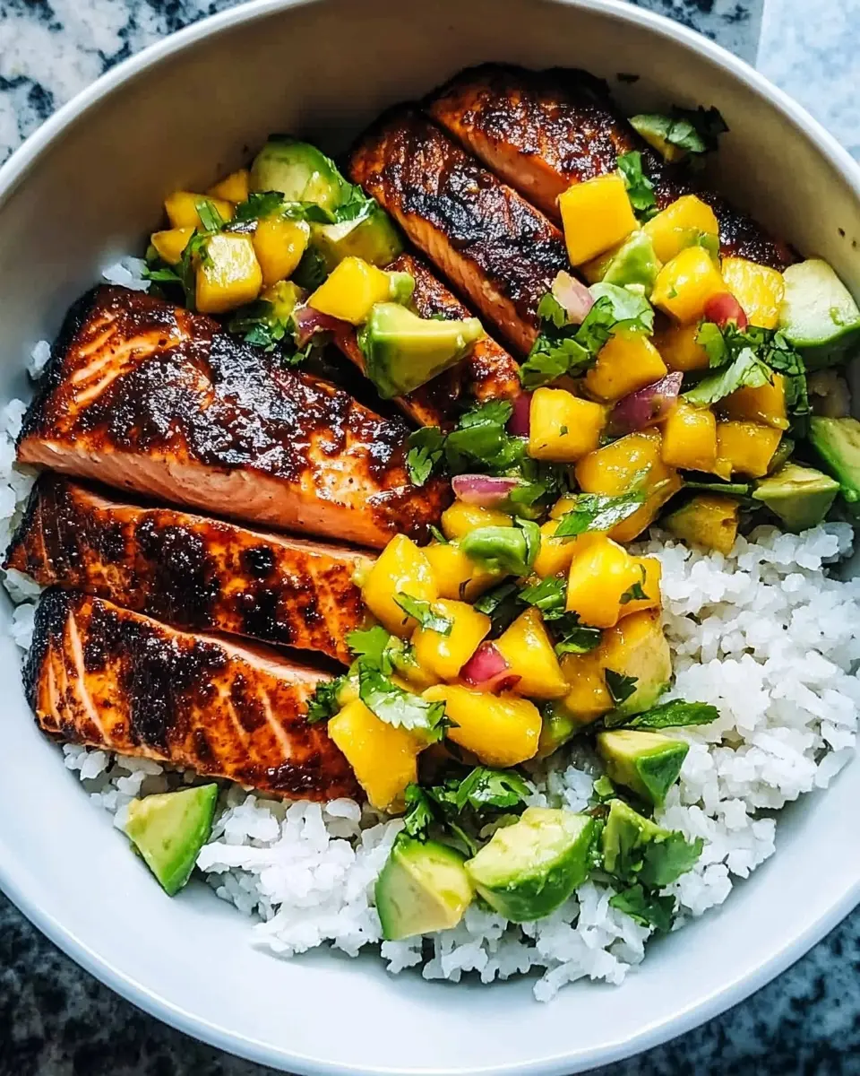 BBQ Salmon Bowls with Mango Avocado Salsa