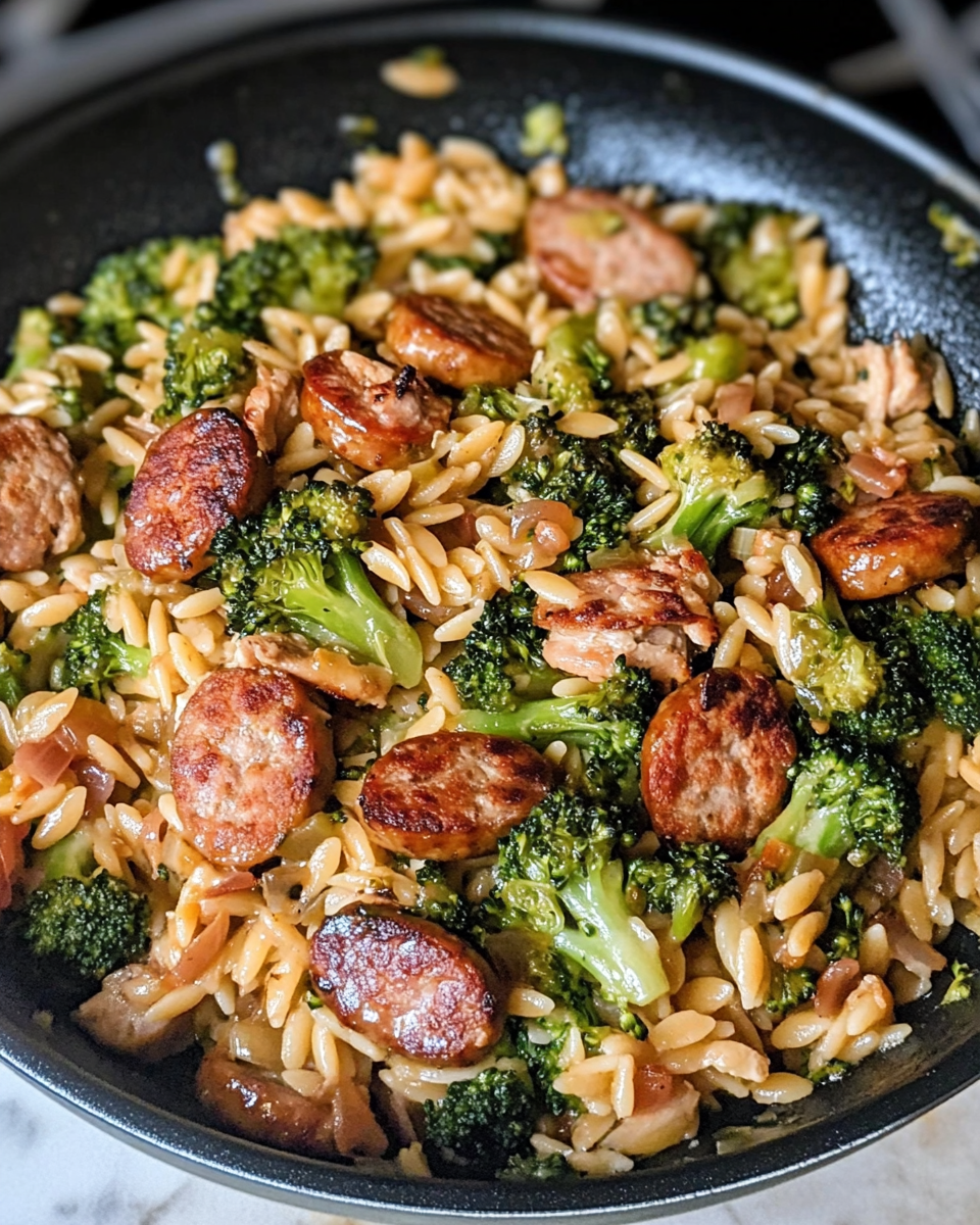 Chicken Sausage, Broccoli, and Orzo Skillet