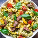 Corn Pasta Salad with Beef and Creamy Pesto Dressing