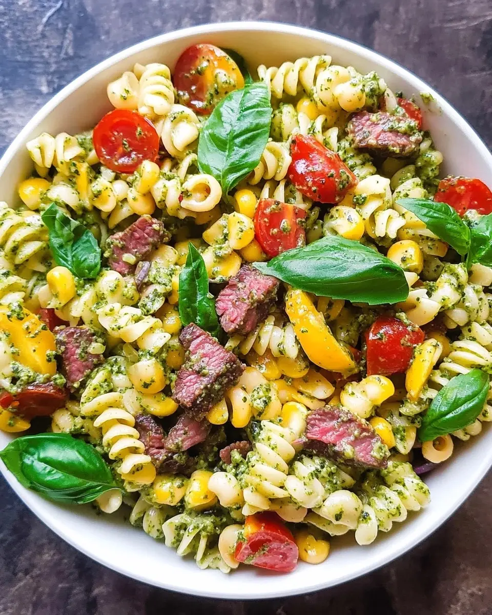 Corn Pasta Salad with Beef and Creamy Pesto Dressing