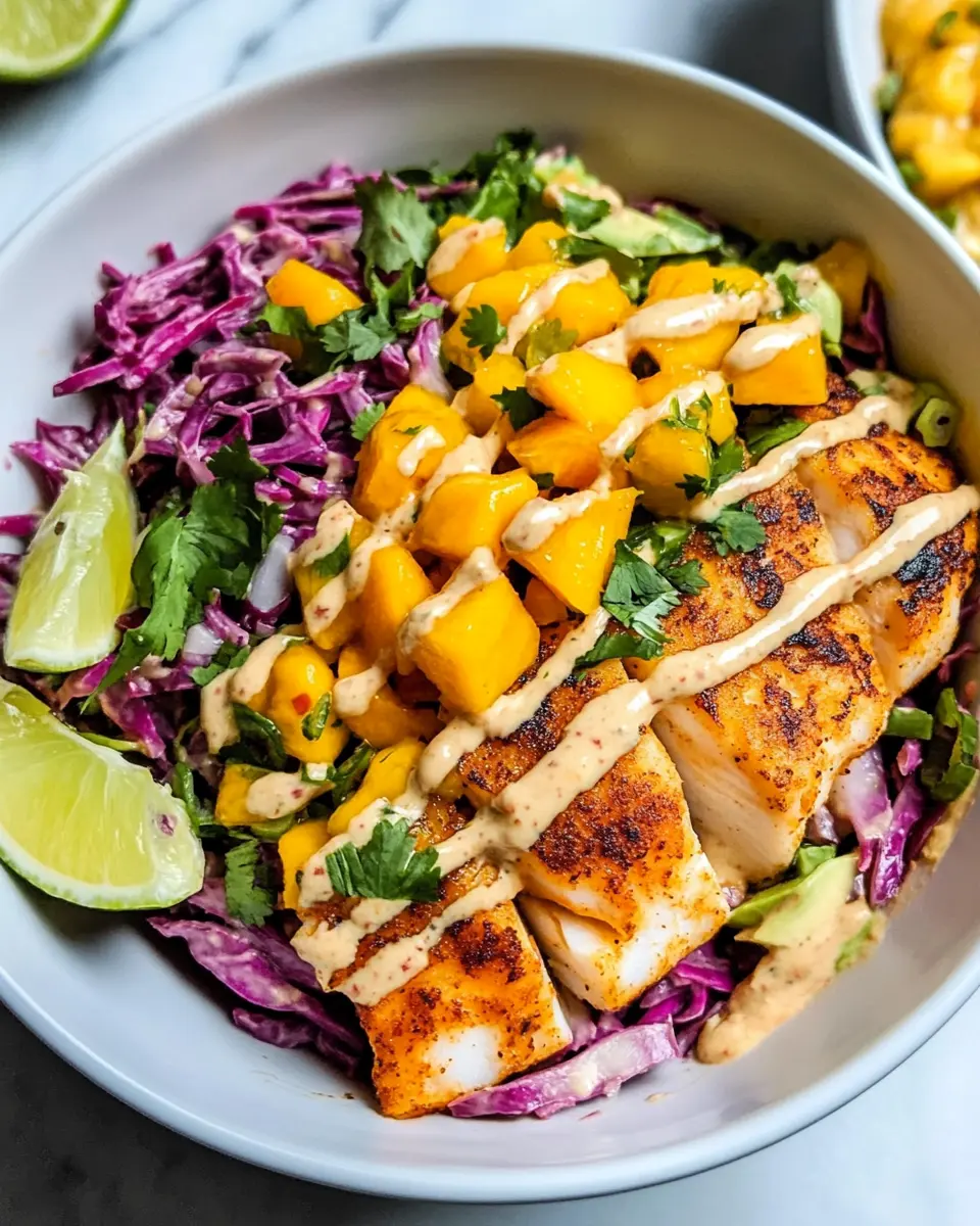 Fish Taco Slaw Bowls with Mango Salsa and Chipotle Aioli