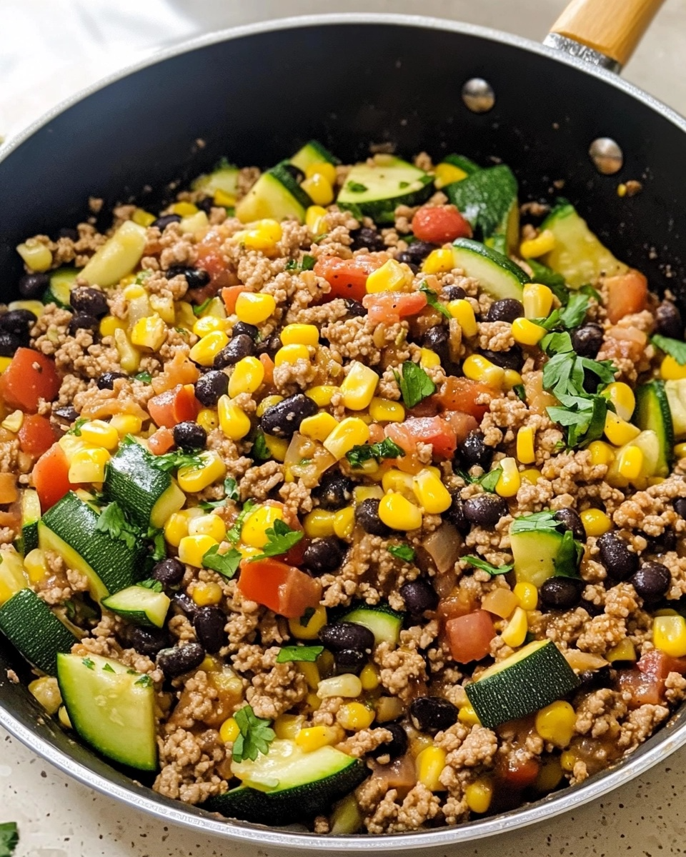 Ground Turkey Skillet with Zucchini, Corn, Black Beans, and Tomato