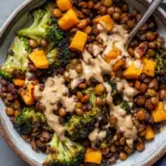 Roasted Lentils Sheet Pan Meal with Maple Tahini Dressing
