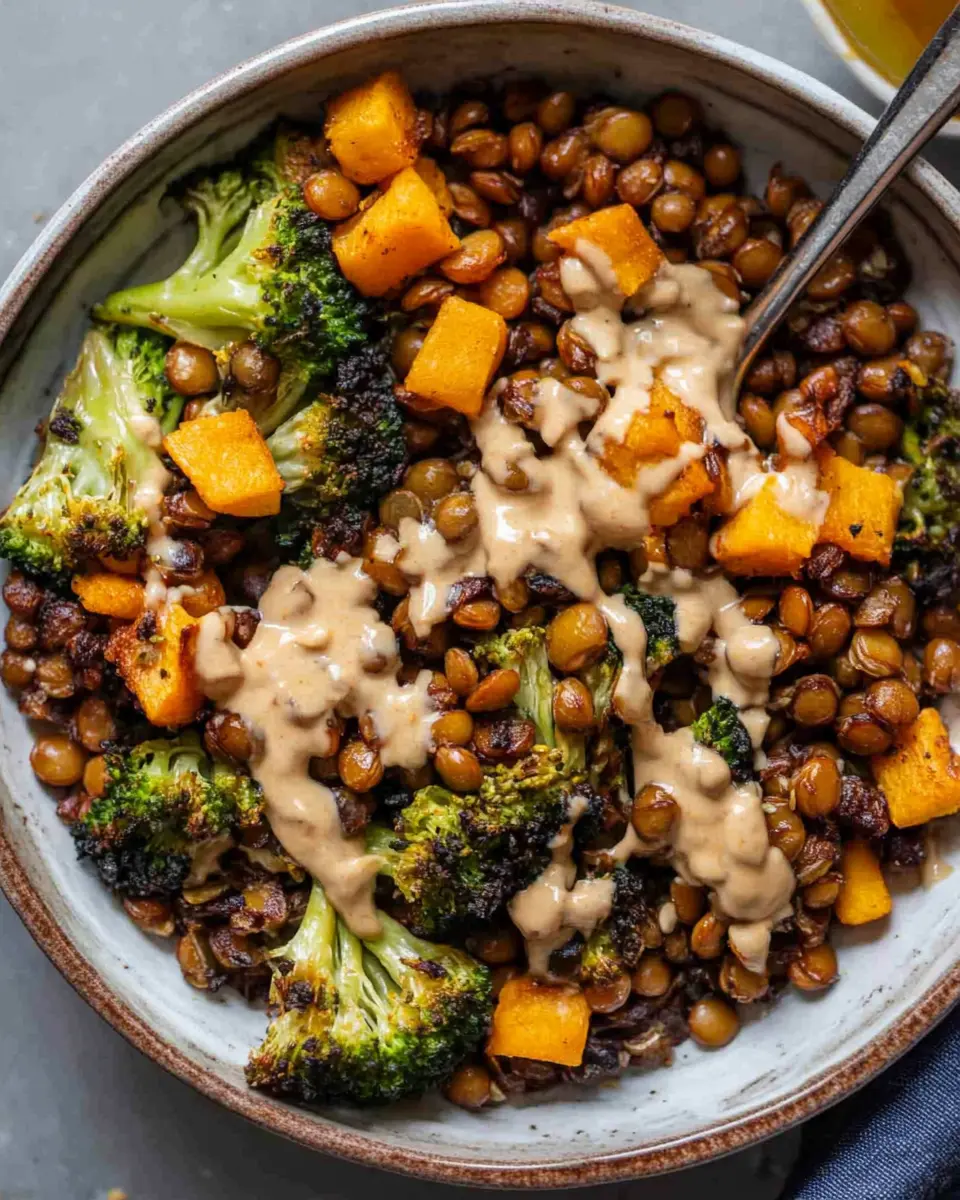 Roasted Lentils Sheet Pan Meal with Maple Tahini Dressing