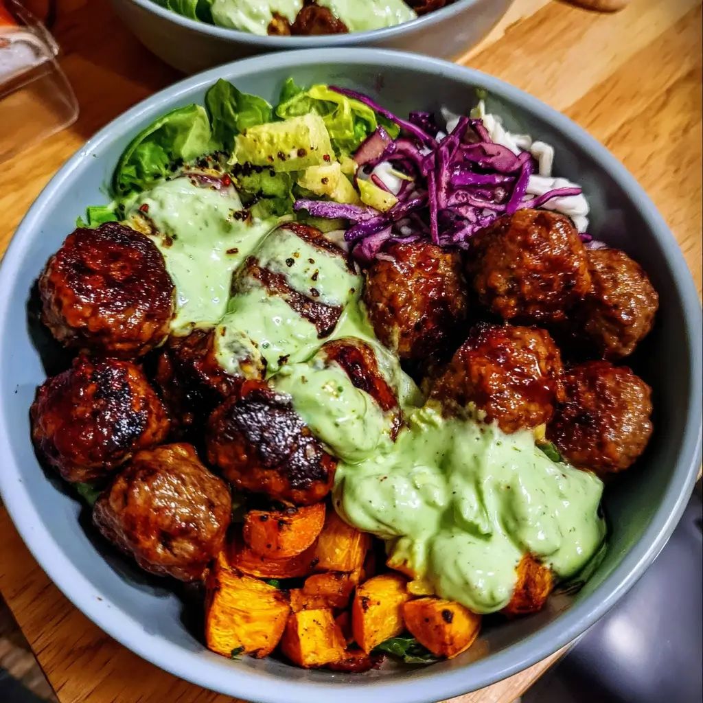 Barbecue Meatball Bowls with Avocado Goddess Sauce