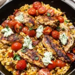 One Skillet Greek Chicken and Orzo with Tomatoes, Feta, and Tzatziki