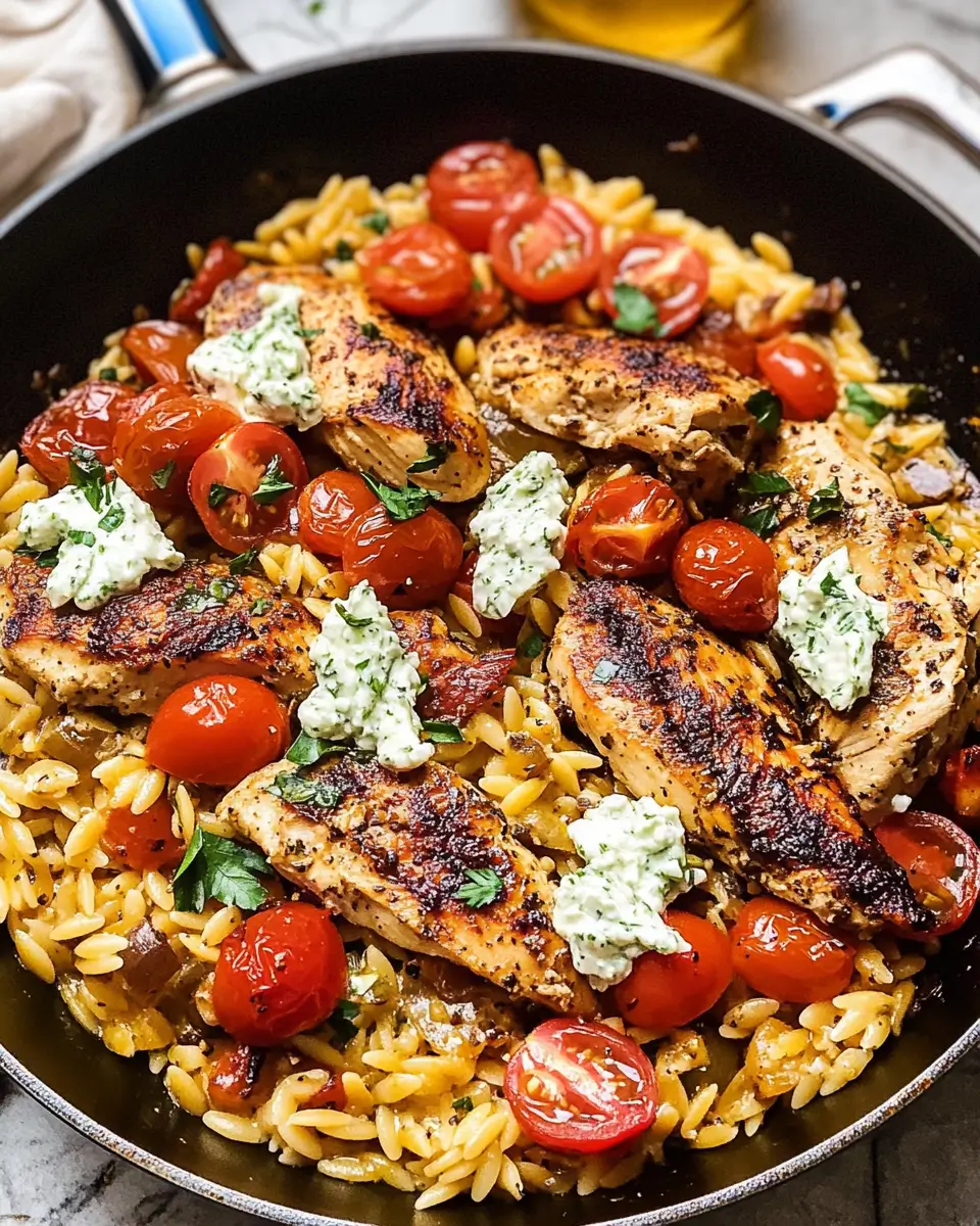 One Skillet Greek Chicken and Orzo with Tomatoes, Feta, and Tzatziki