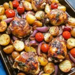 Sheet Pan Balsamic Chicken with Potatoes, Red Onion and Tomatoes