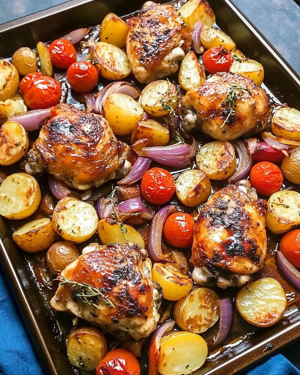 Sheet Pan Balsamic Chicken with Potatoes, Red Onion and Tomatoes