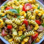 Summer Pasta Salad with Corn, Bell Pepper, Beef, and Creamy Pesto Dressing