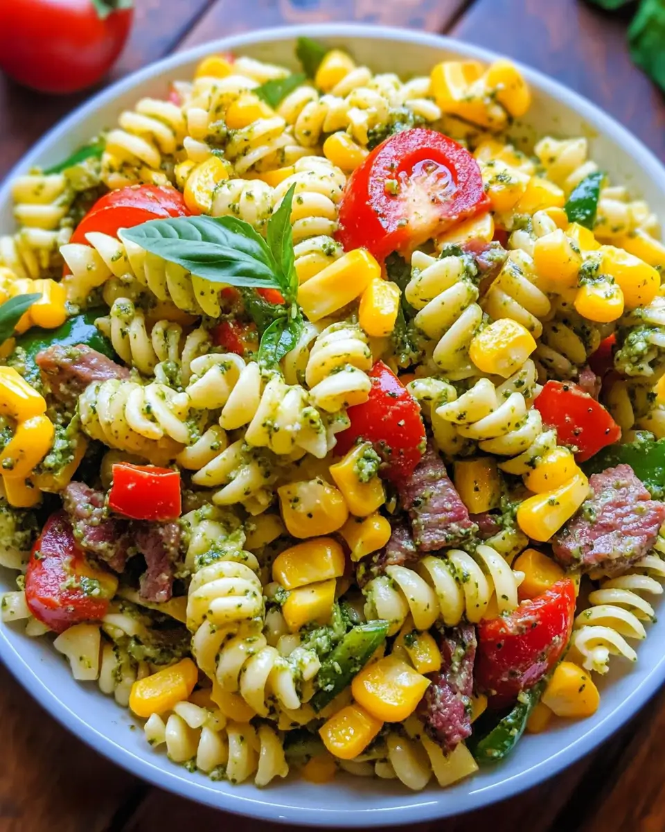 Summer Pasta Salad with Corn, Bell Pepper, Beef, and Creamy Pesto Dressing
