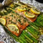 Baked Salmon in Foil with Asparagus and Lemon Garlic Butter Sauce