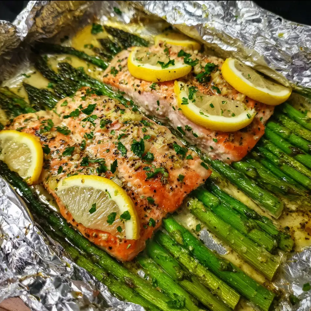 Baked Salmon in Foil with Asparagus and Lemon Garlic Butter Sauce