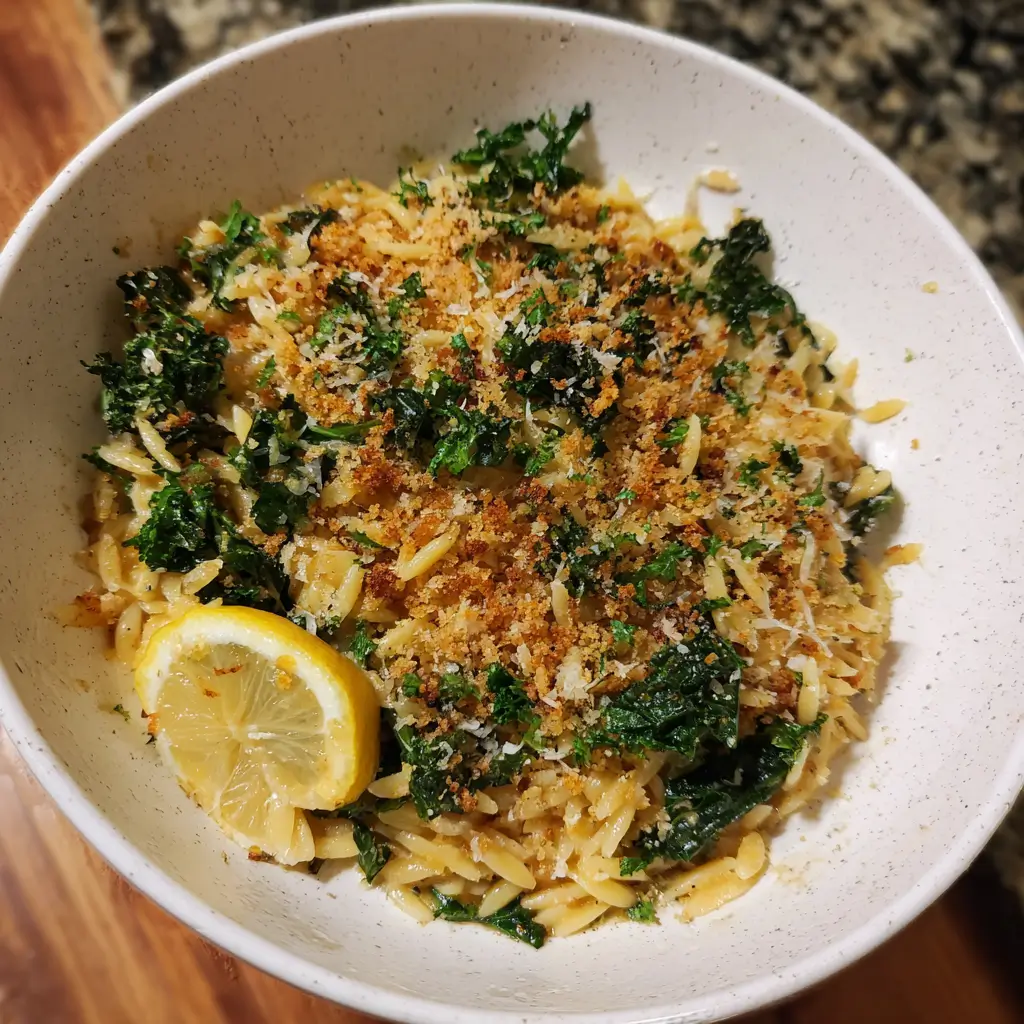 Caramelized Lemon Butter Orzo with Kale and Garlic Breadcrumbs