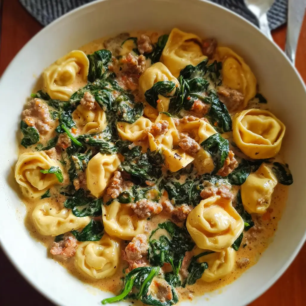 Creamy Garlic Spinach Tortellini with Sausage