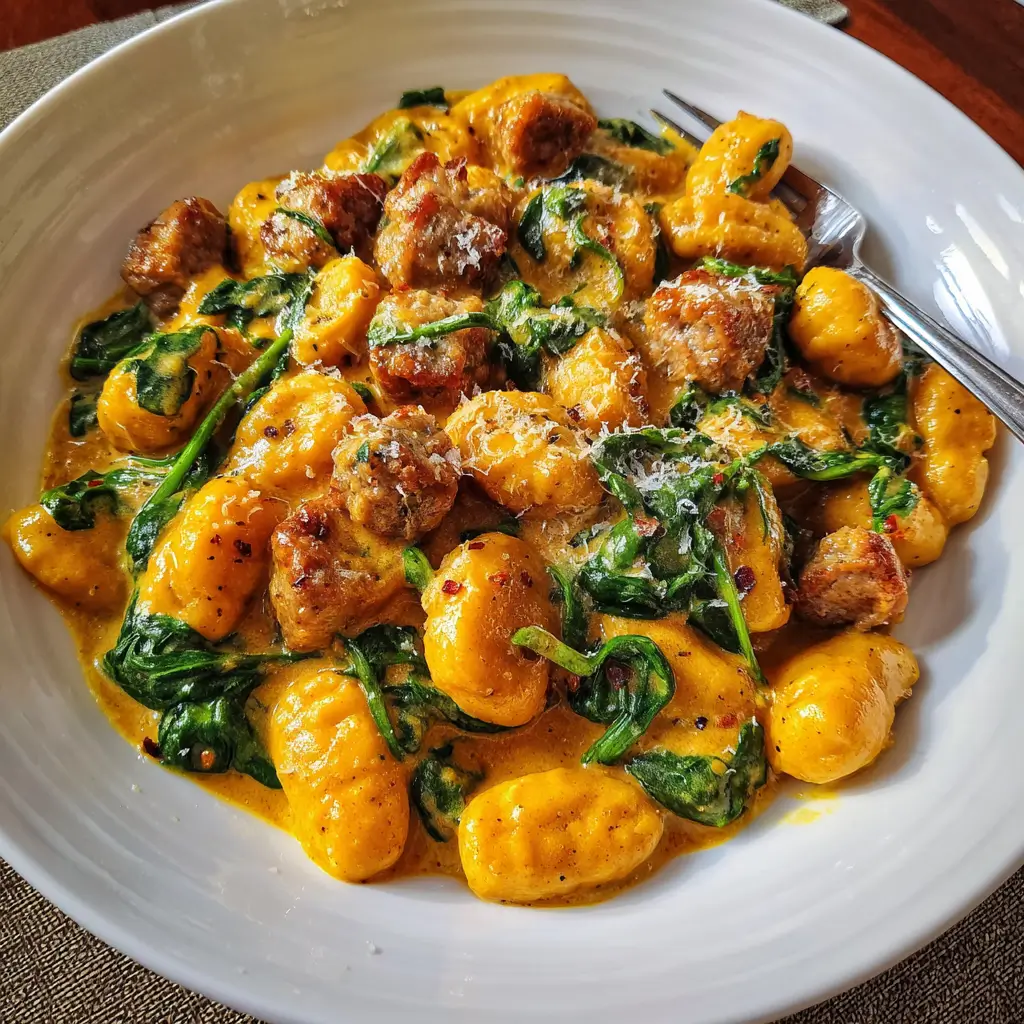 Creamy Pumpkin Gnocchi with Spinach and Italian Sausage