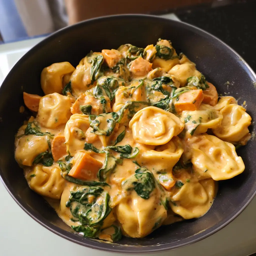 Creamy Skillet Tortellini with Sweet Potato and Spinach