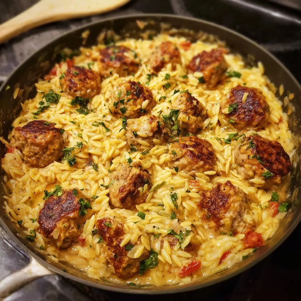 One Pan Chicken Meatballs with Orzo