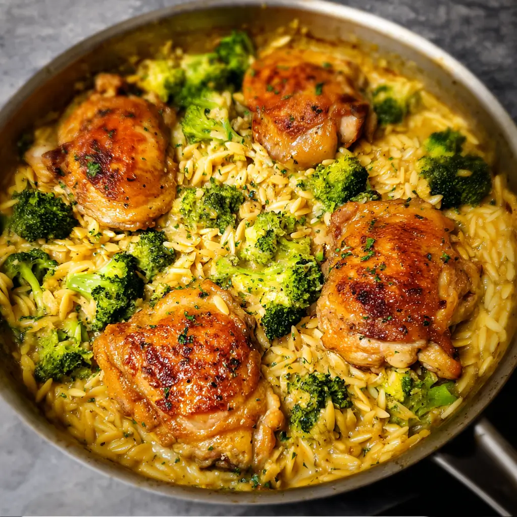 Skillet Chicken Thighs with Broccoli Cheddar Orzo