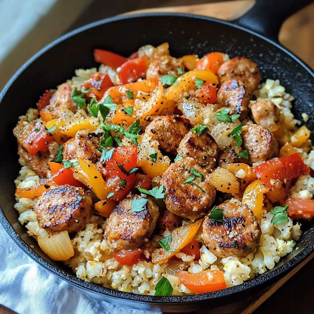 Chicken Sausage, Pepper and Cauliflower Rice Skillet