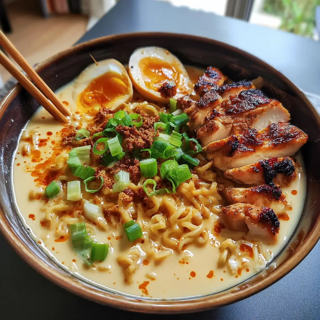 Fiery Chicken Ramen with Creamy Garlic Sauce