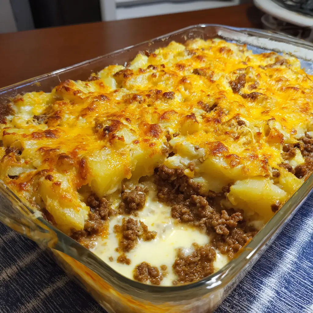 Ground Beef and Potato Bake with Creamy Cheese Topping