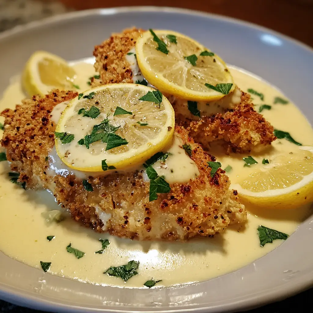 Lemon Pecorino Crusted Chicken with Creamy Lemon Sauce