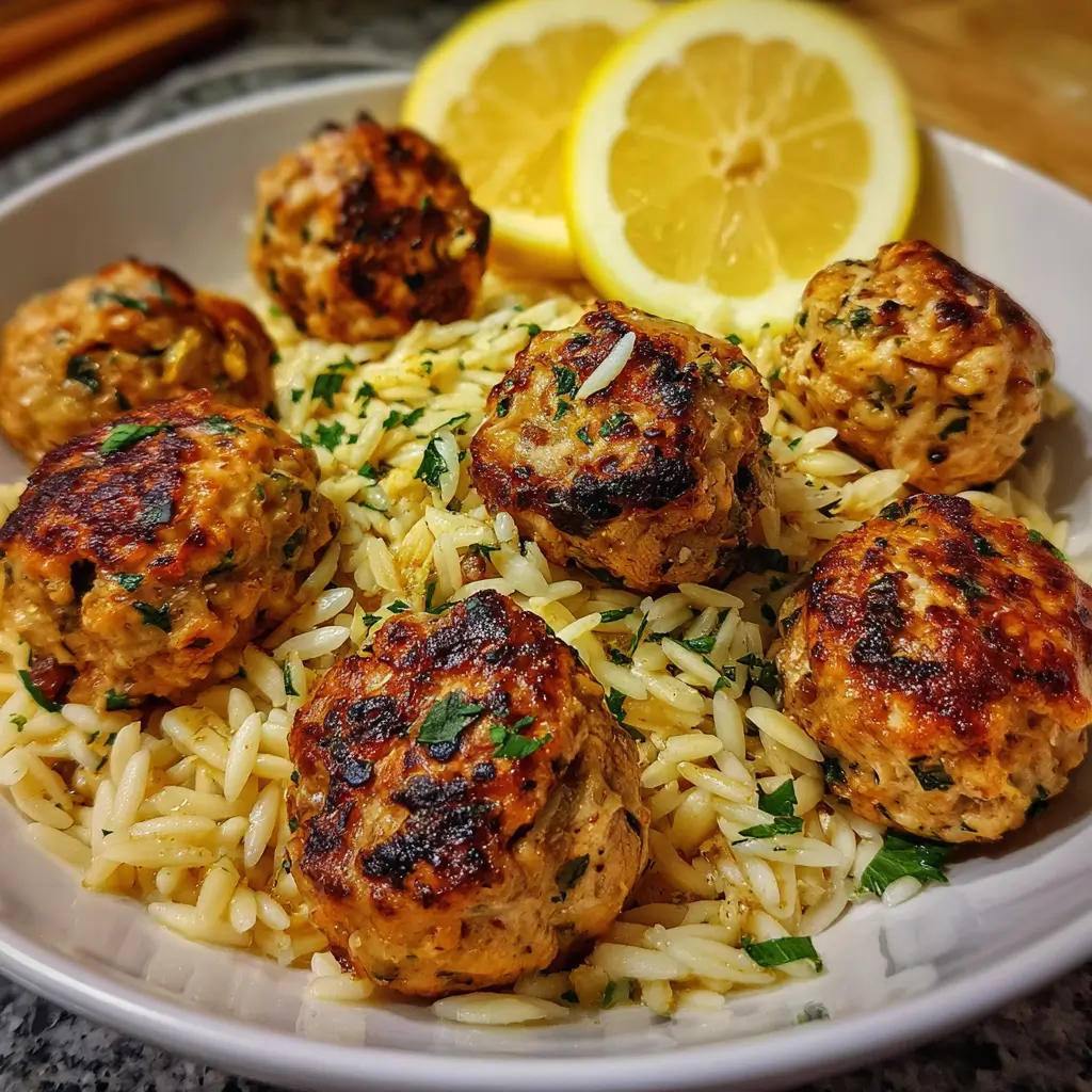 Savory Greek Chicken Meatballs with Zesty Lemon Orzo