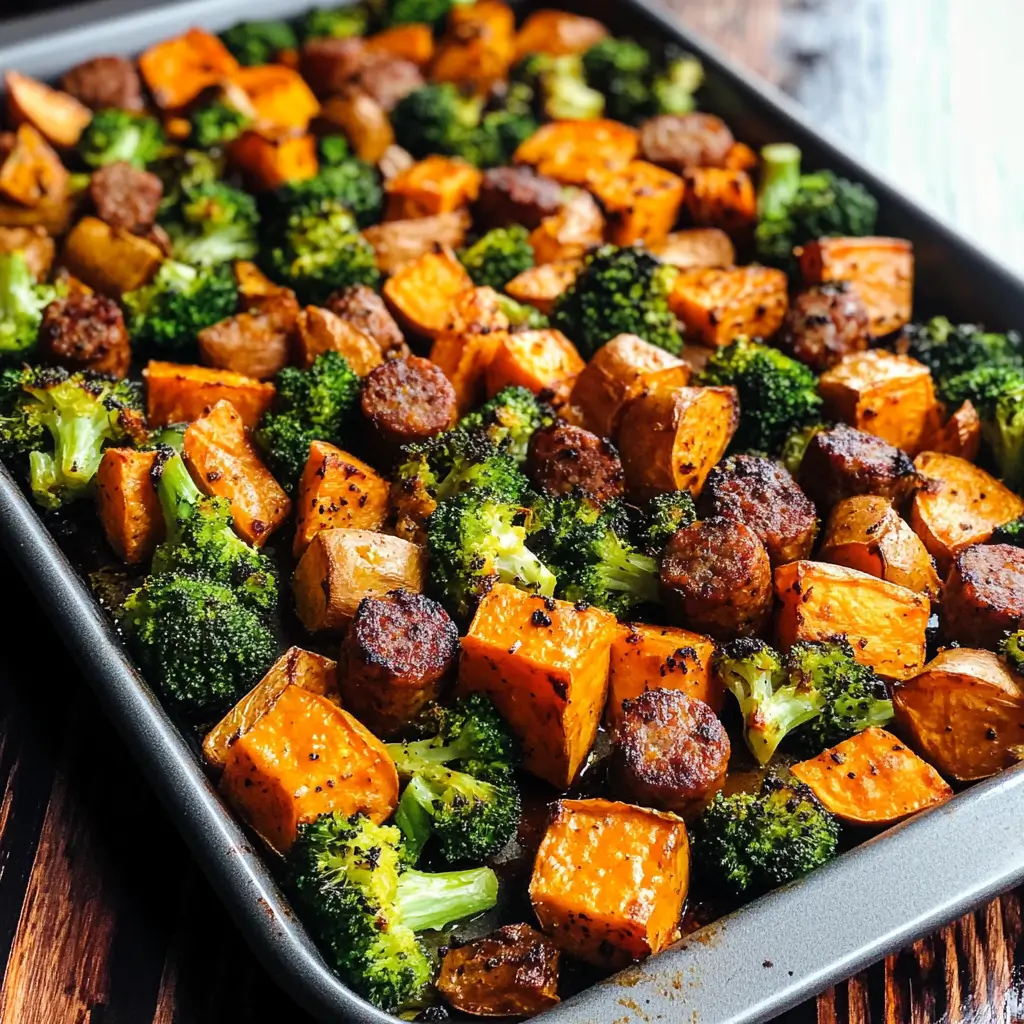 Sheet Pan Roasted Sweet Potatoes, Sausage, and Broccoli