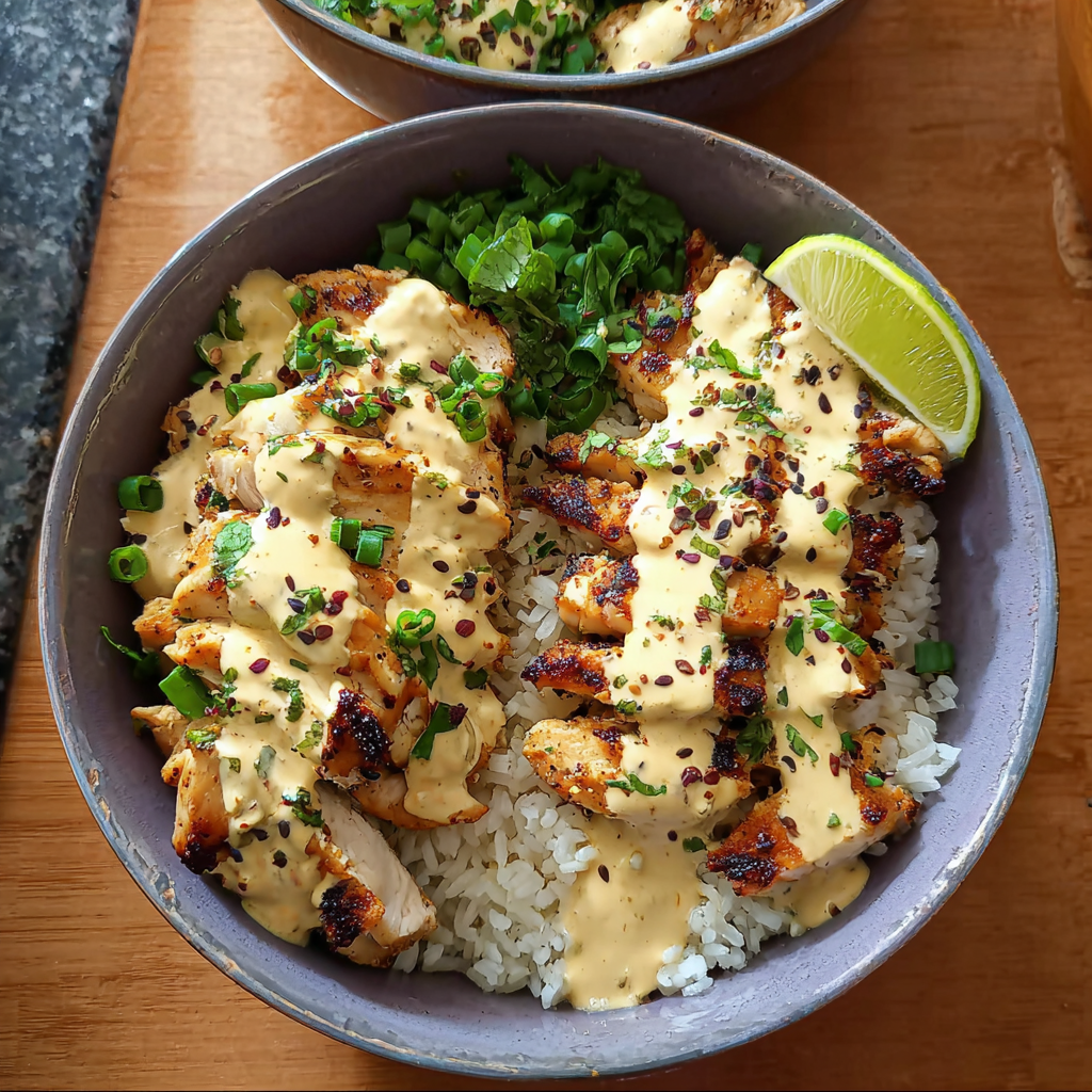 Chicken and Rice Bowls with Creamy Garlic Sauce