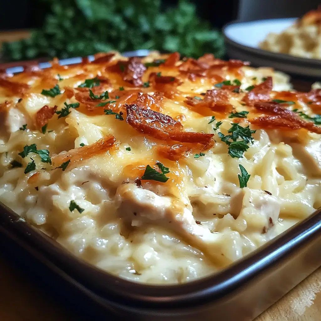 Dump and Bake Chicken Alfredo Rice Casserole