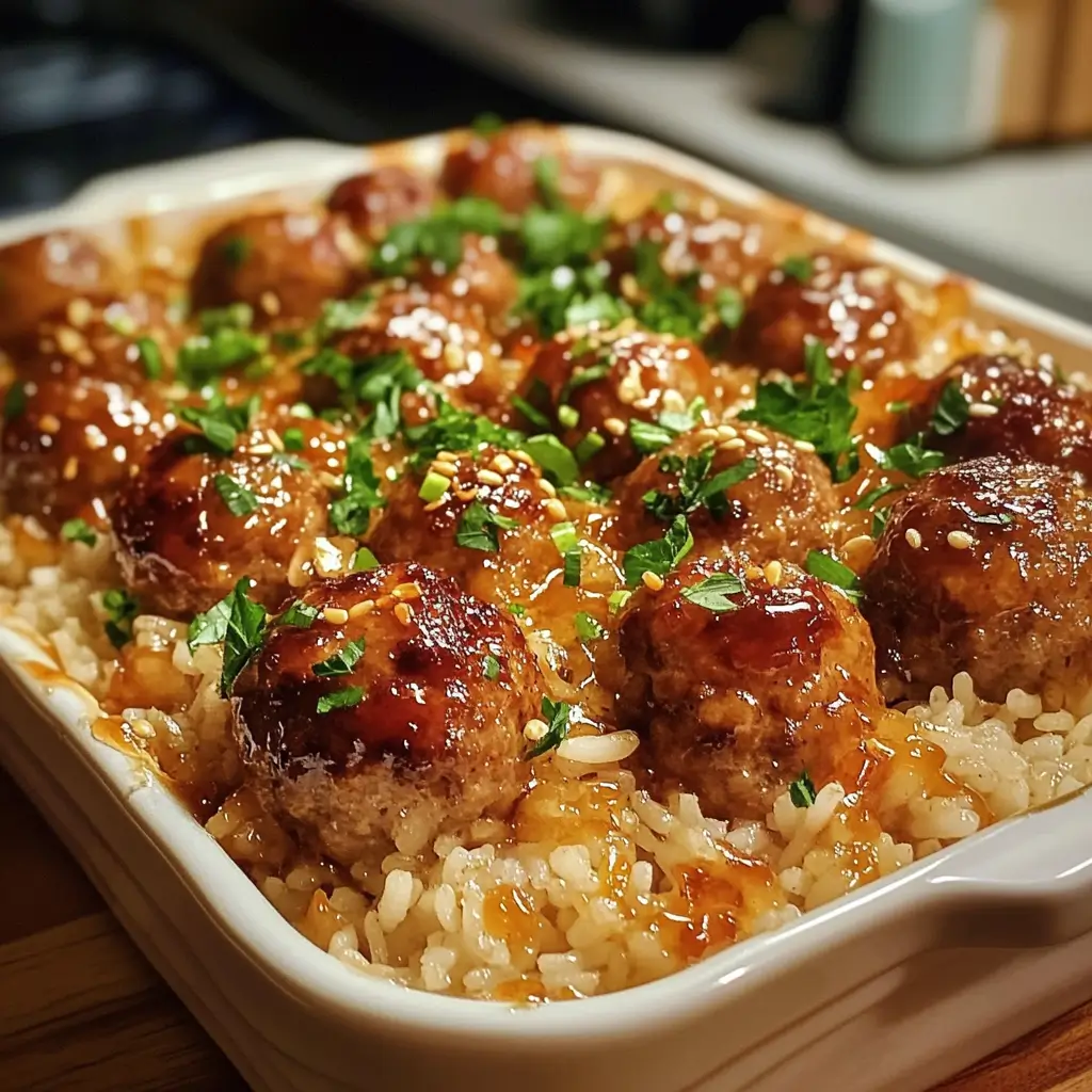 Honey Garlic Meatball Rice Bake