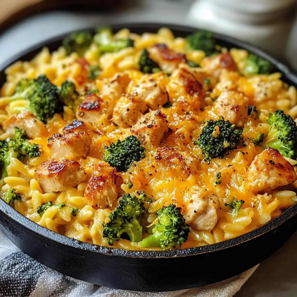 Spicy Cheddar Chicken and Broccoli Orzo