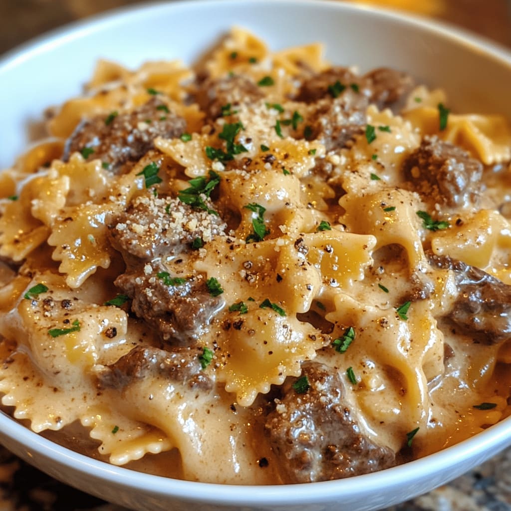 Creamy Parmesan Garlic Beef Bowtie Pasta
