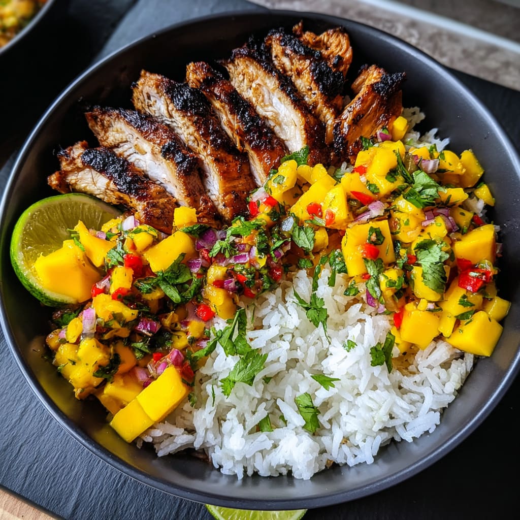 Jerk Chicken Bowls with Mango Salsa and Coconut Rice