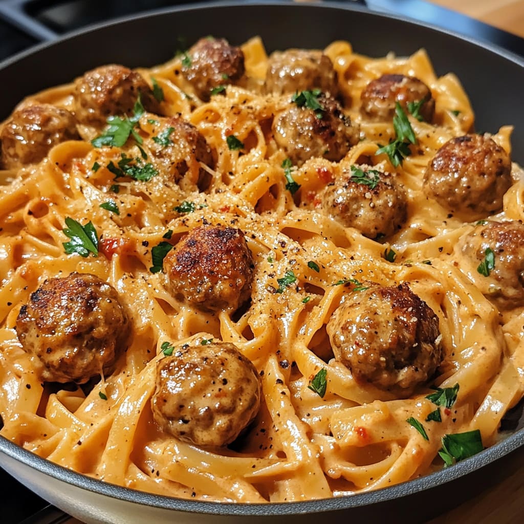One Pot Creamy Cajun Meatball Pasta