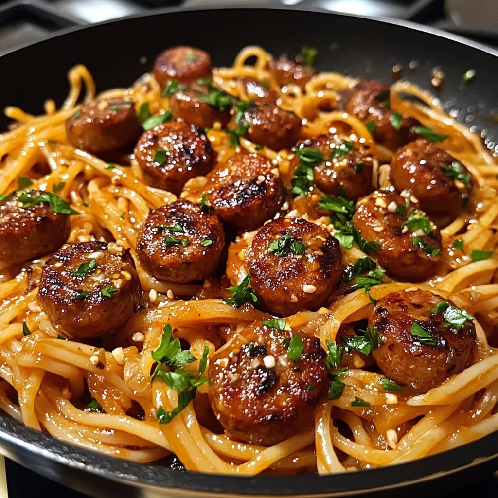 Sticky Honey Garlic Sausage Pasta Skillet