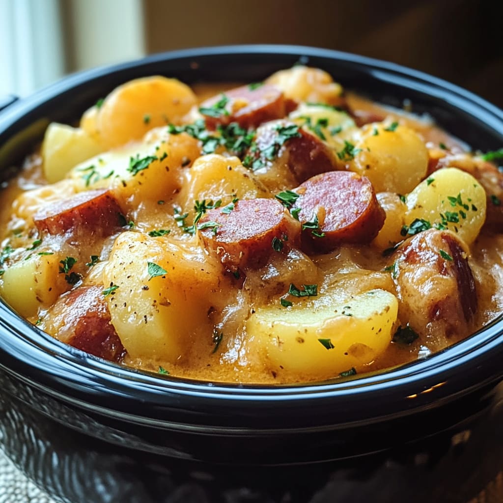 Crockpot Cheesy Potatoes and Kielbasa