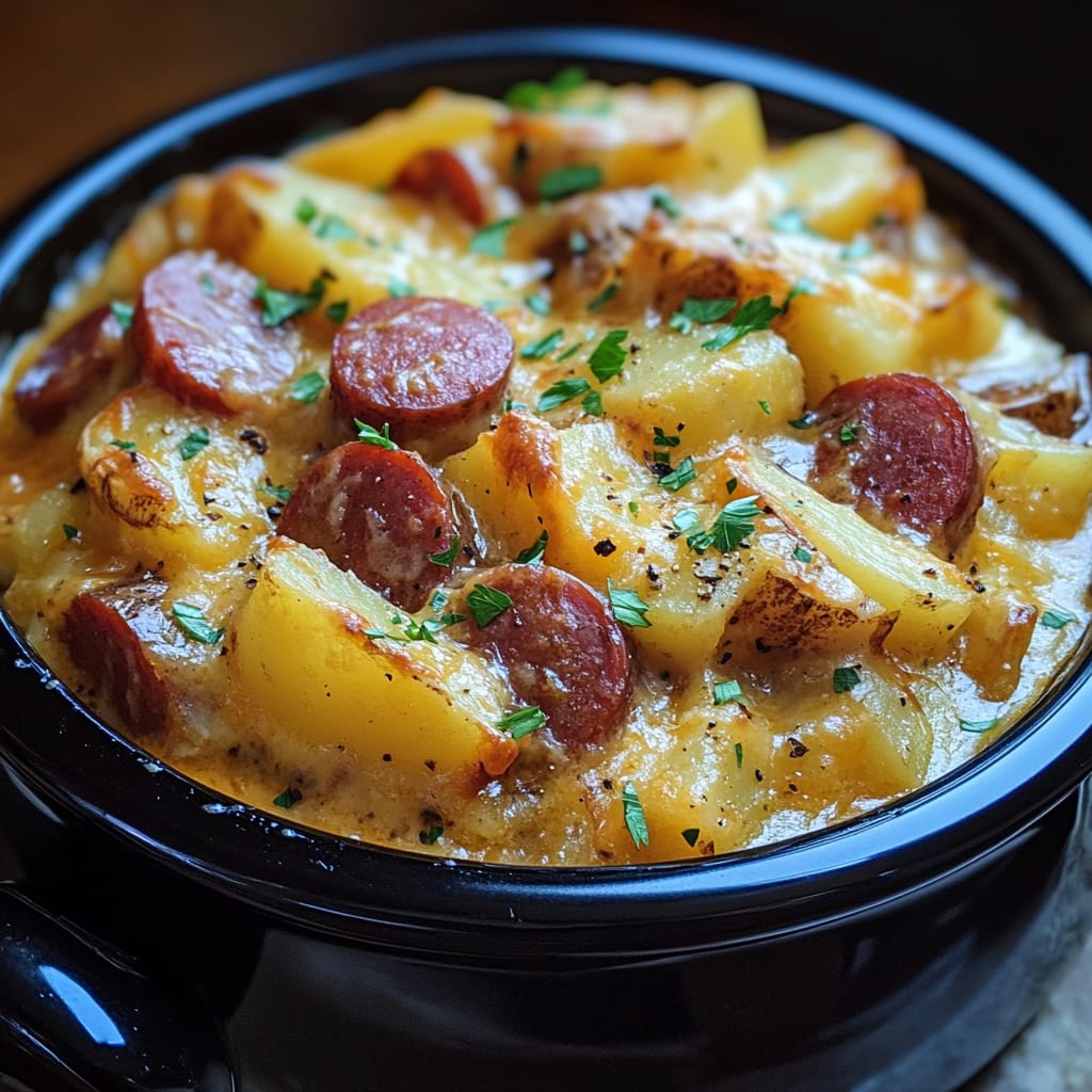 Crockpot Cheesy Potatoes and Kielbasa