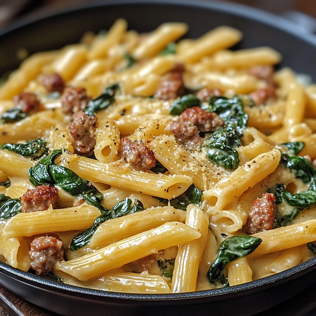 One-Pan Creamy Penne with Spinach and Italian Sausage