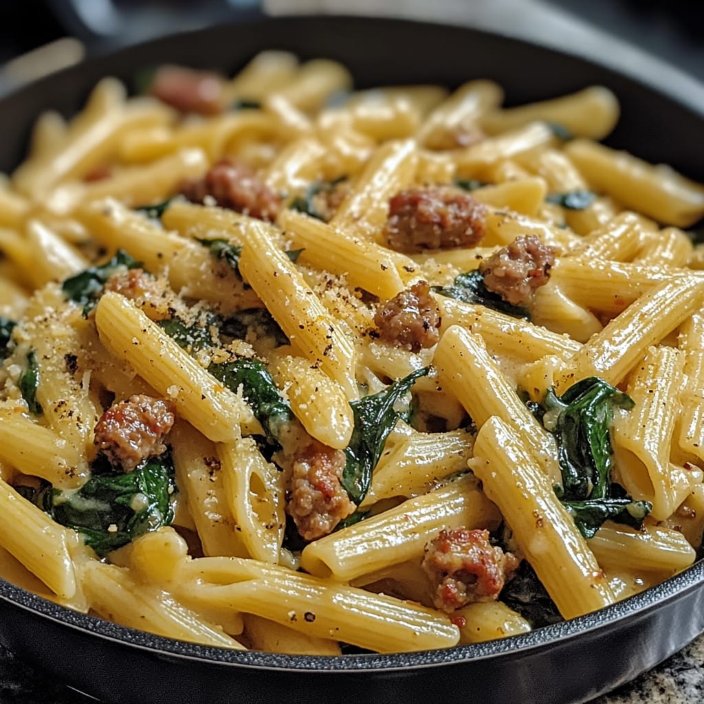 One-Pan Creamy Penne with Spinach and Italian Sausage