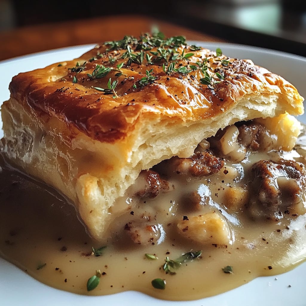 Sausage, Gravy, and Biscuit Pie